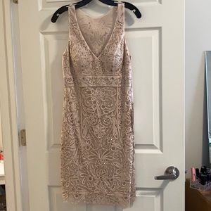 Sue Wong antique champagne v-neck beaded dress